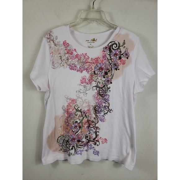 jane ashley Women's top XL white pink floral short sleeve - Picture 1 of 9